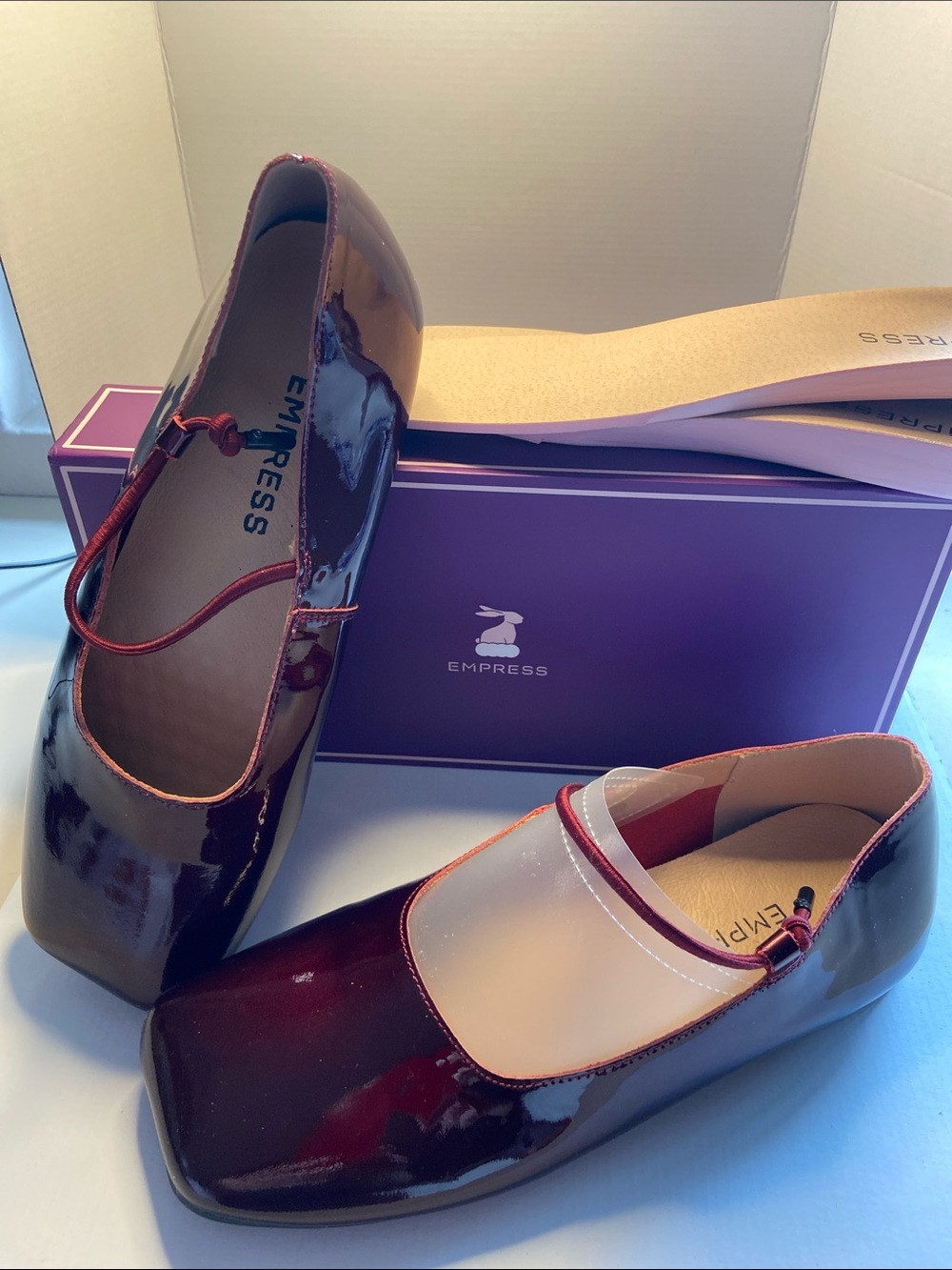 Empress Australia Burgundy Patent Mary Jane Flats with Square Toe